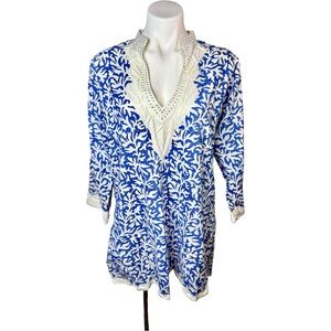 Sulu Collection Blue White Embroidered Cotton Tunic XL Boho Resort Coastal Chic